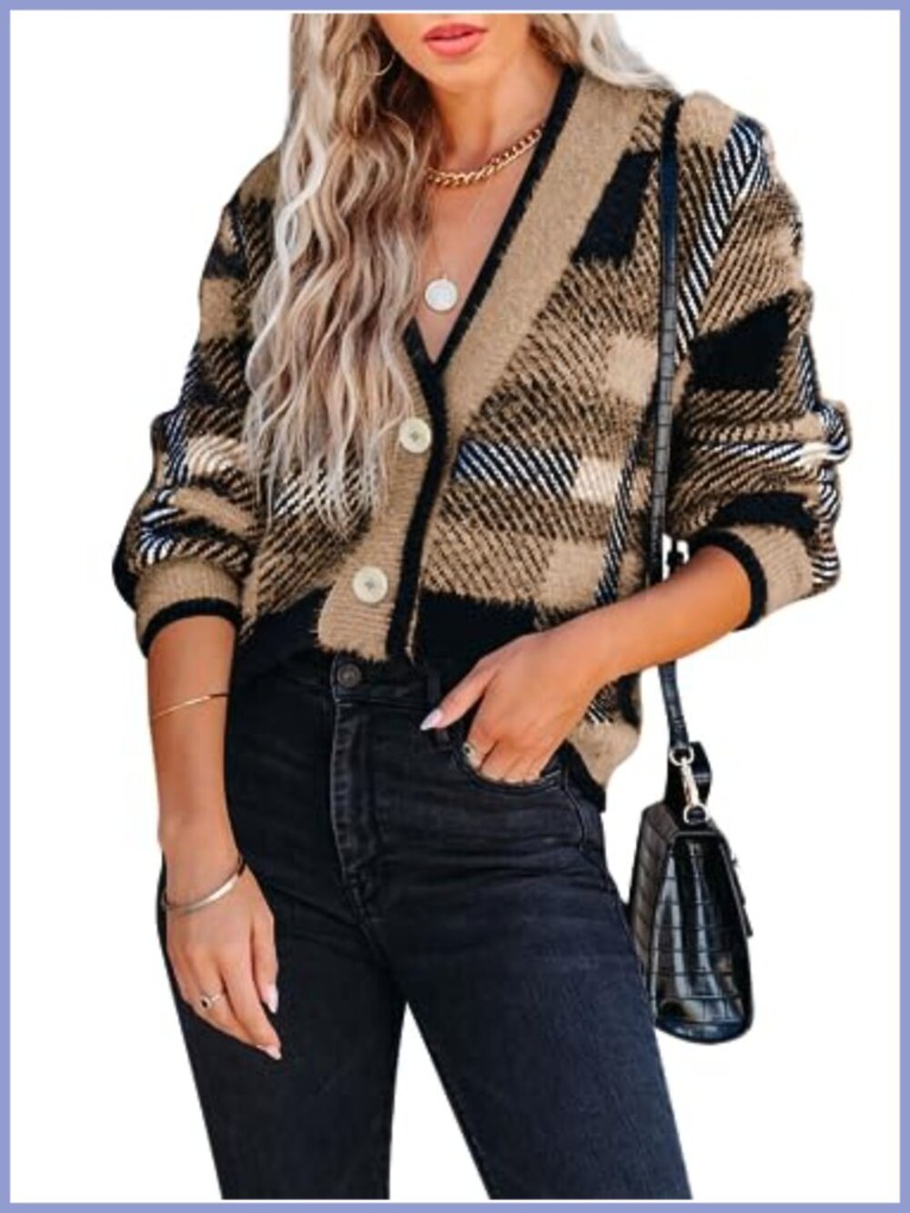Fuzzy Knit Plaid V Neck Button Down Cardigan Sweater